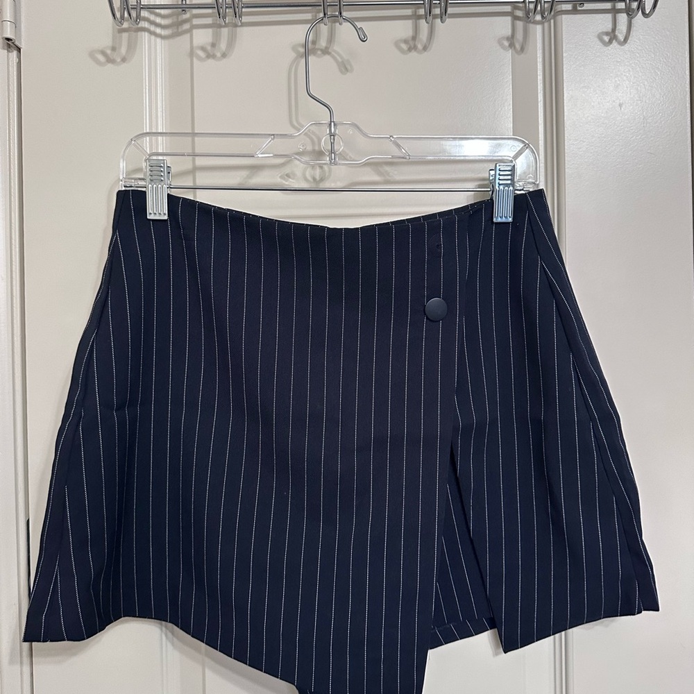 Navy Pinstripe Asymmetrical Skort